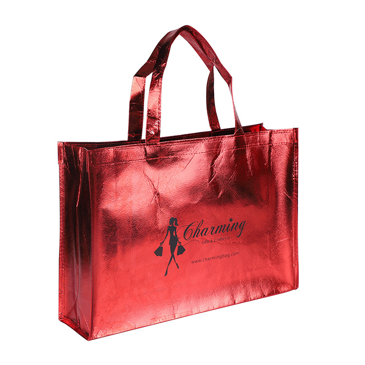 Pampromosyong Pasadyang Logo na Nakalamina na Metallic Non Woven Shopping Bag