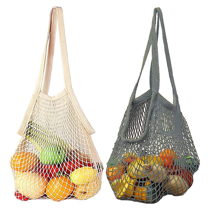 Long Handle Washable and Reusable Cotton String Mesh Shopping Bag Net Grocery Tote Produce Bag For Fruit Vegetable
