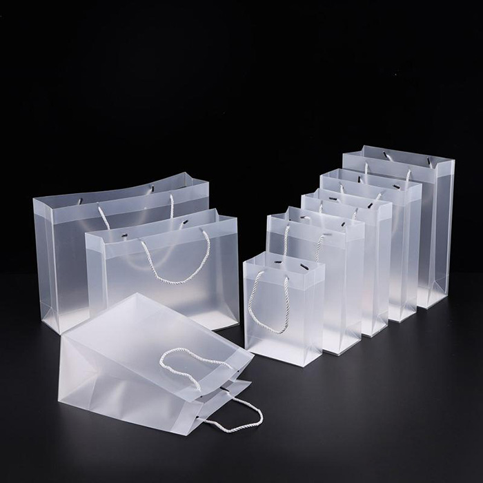 ہینڈل کے ساتھ فیشن فروسٹڈ واٹر پروف پلاسٹک بیگ سائز پیویسی صاف تحفہ شفاف بیگ