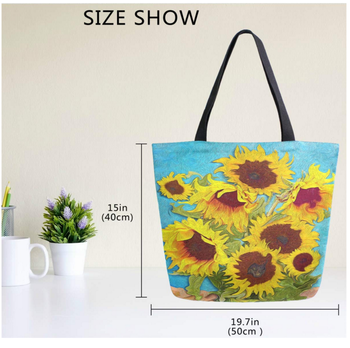 Canvas Einkaufstasche Große Frauen Lässige Umhängetasche Handtasche, Ölgemälde Sonnenblume Wiederverwendbare Hochleistungs-Einkaufstasche
